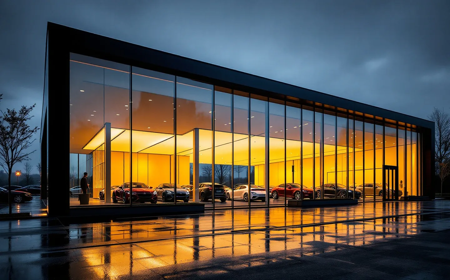 Akşam saatinde cam cepheli, içi aydınlık showroom binası