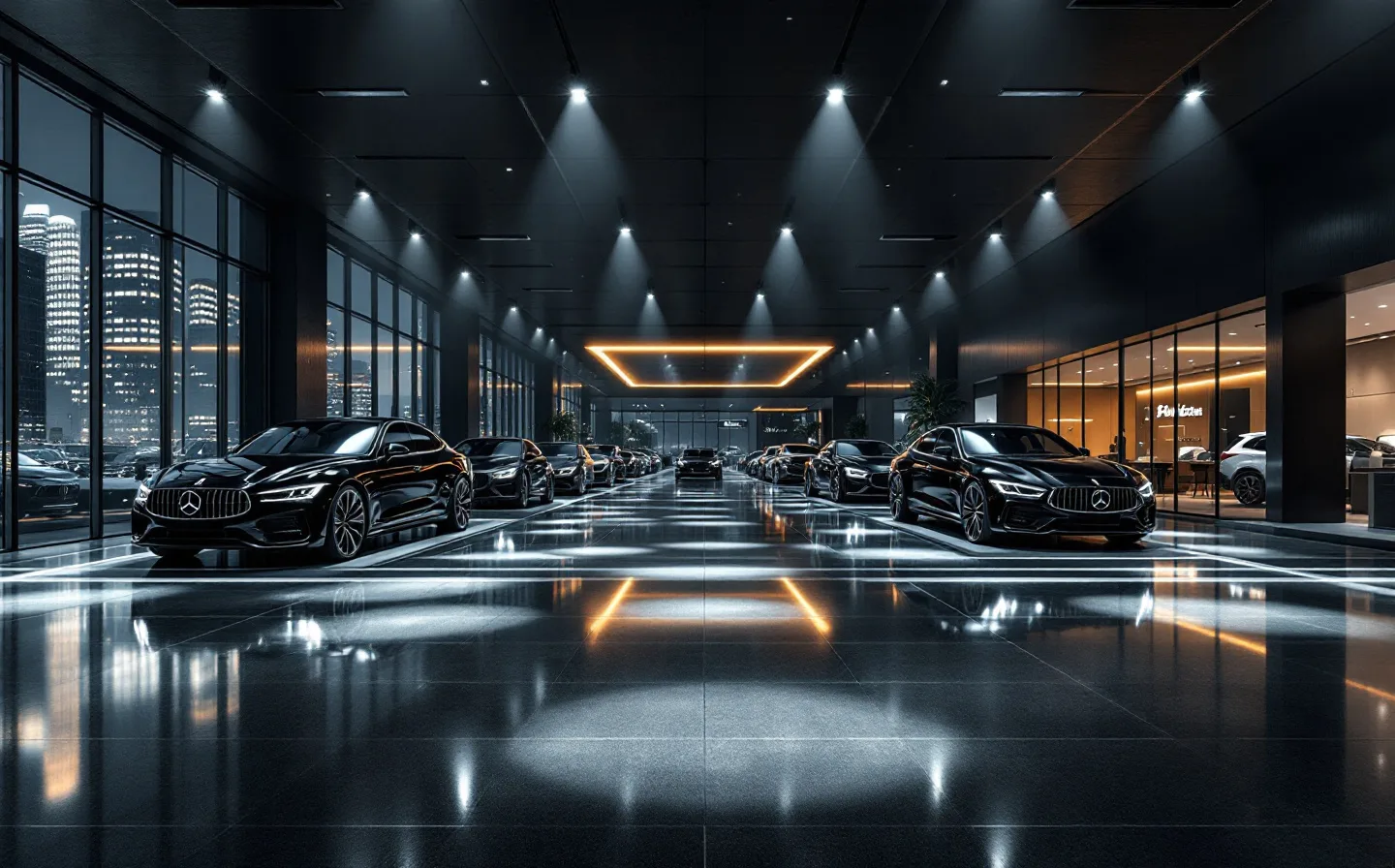 Gece showroom, spot ışıkları altında araçlar